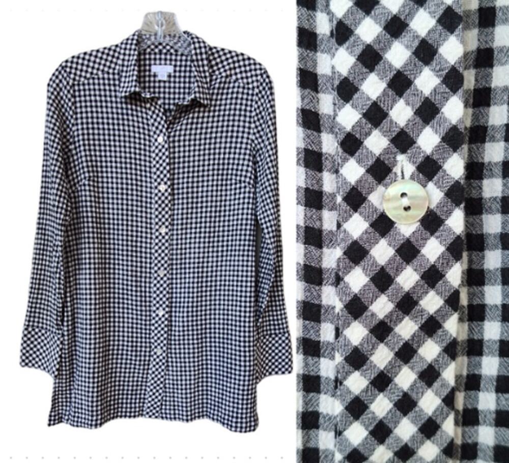 J. Jill Gingham Plaid Black and White Shirt Tunic Top Cotton Size XS Relaxed fit
